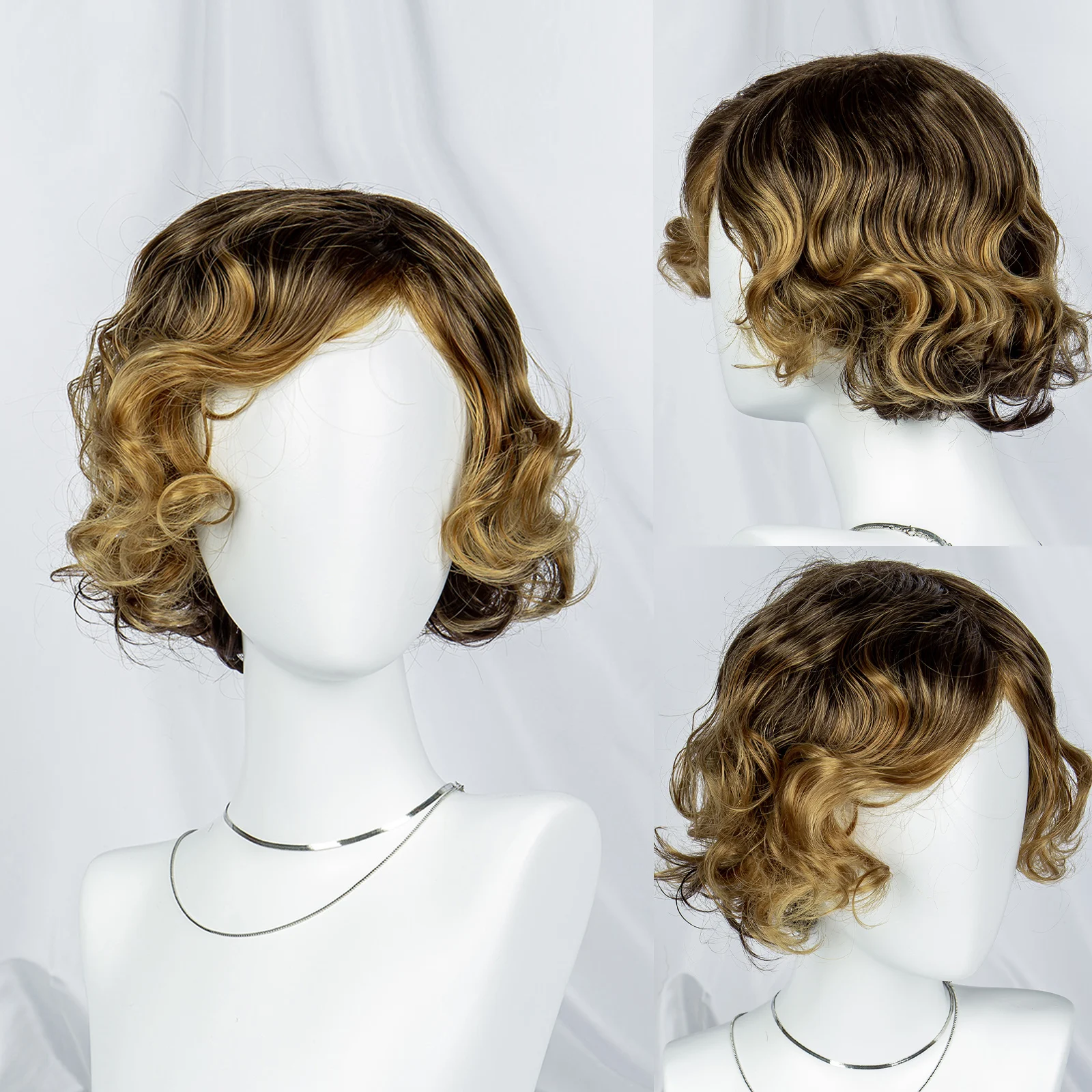 Synthetic Highlight Cosplay Wavy Short Wig Machine Made Pixie Cut Blonde Highlight Wavy Wig 8 Inches Short Bob Ombre Brown Wig