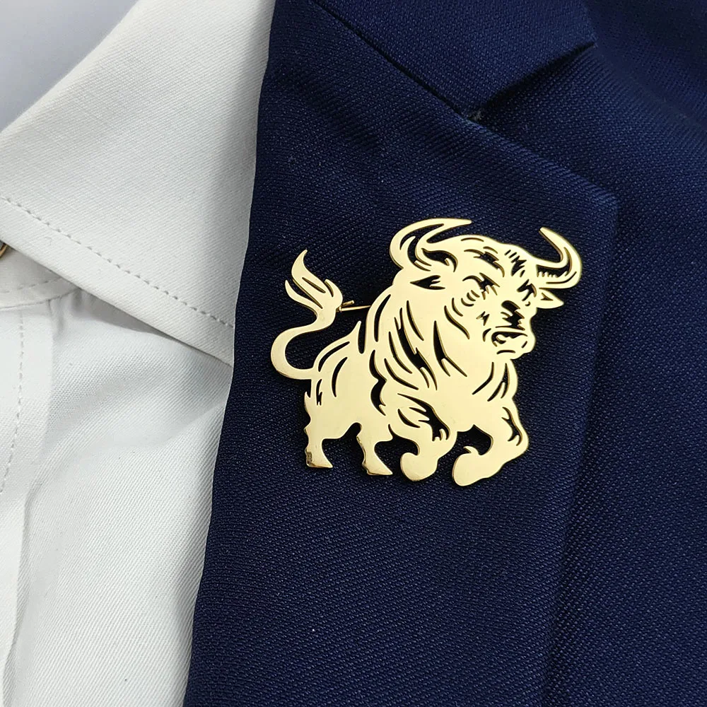

Original design Bull Rising Hollow Stainless Steel Gold Plated 18K Brooch, Suit Lapel Pin, Men's Official Apparel
