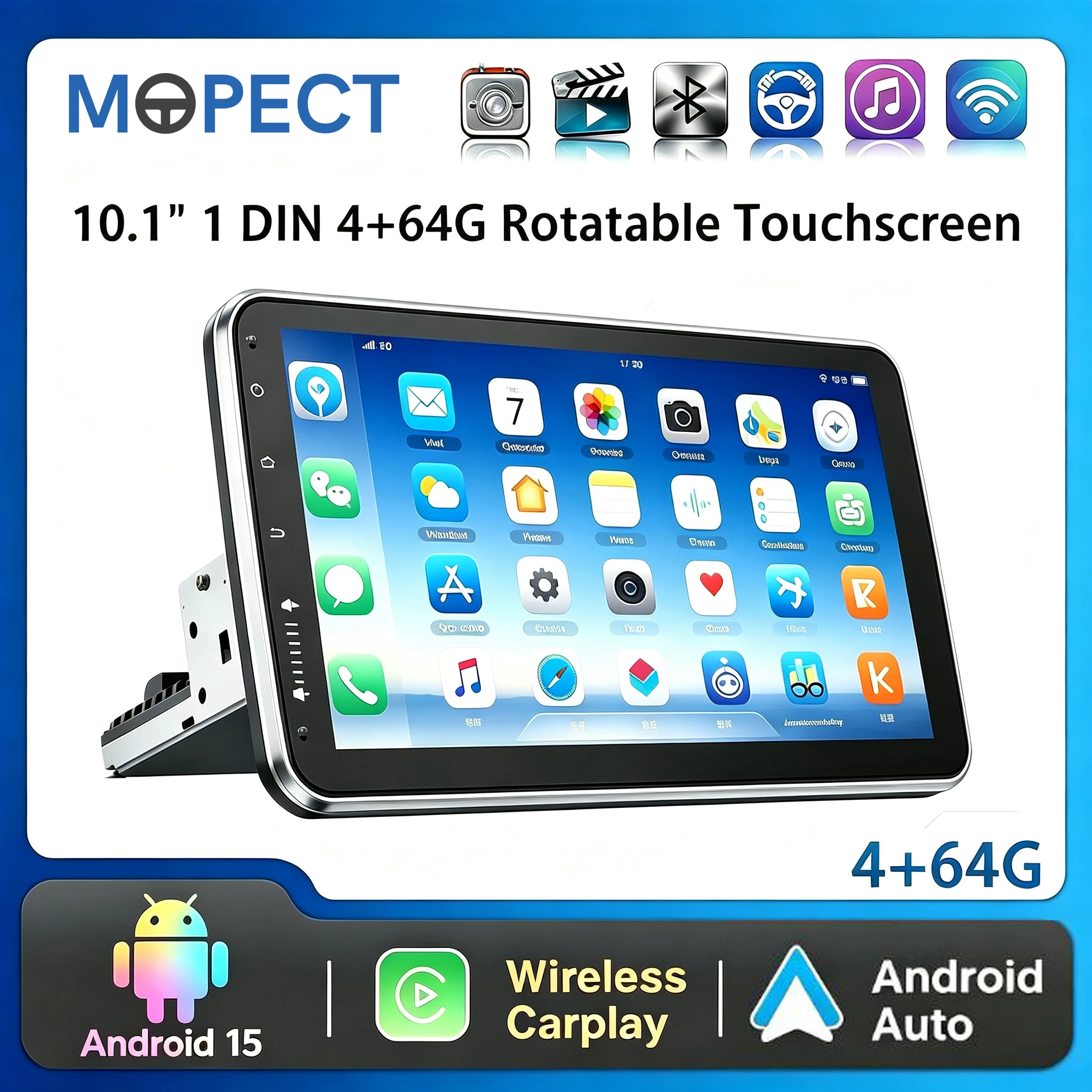 Mopect 10,1" 180 ° Autoradio Android 15 con schermo touchscreen 2.5D, CarPlay wireless, Android Auto, GPS, WiFi, RDS, FM, AHD, retrocamera, SWC, DAB+, autoradio singolo DIN rotante, lettore
