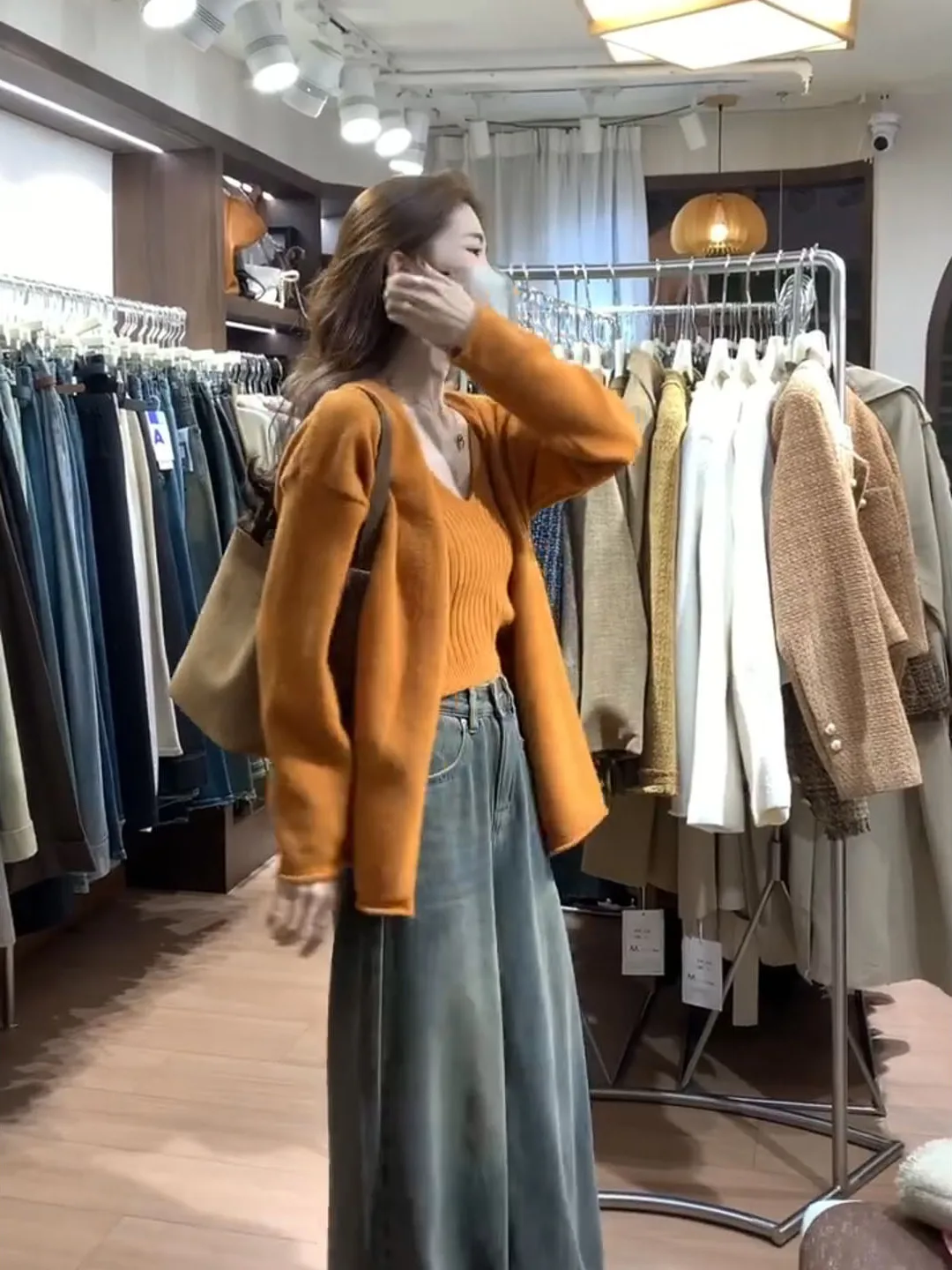 الخريف الشتاء المرأة سترة على شكل حرف v سترة مجموعة البرتقال الغروب اللون طبقات التخسيس Sle محبوك سترة طويلة Sve #2