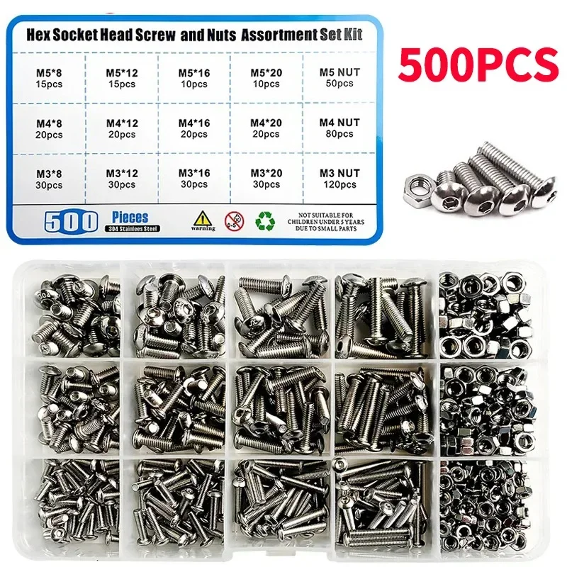 

500pcs/Box M3 M4 M5 12Sizes Allen Hexagon Hex Socket Head Cap Flat Countersunk Screw Bolt Nut Set Kit Box 304 A2 Stainless Steel