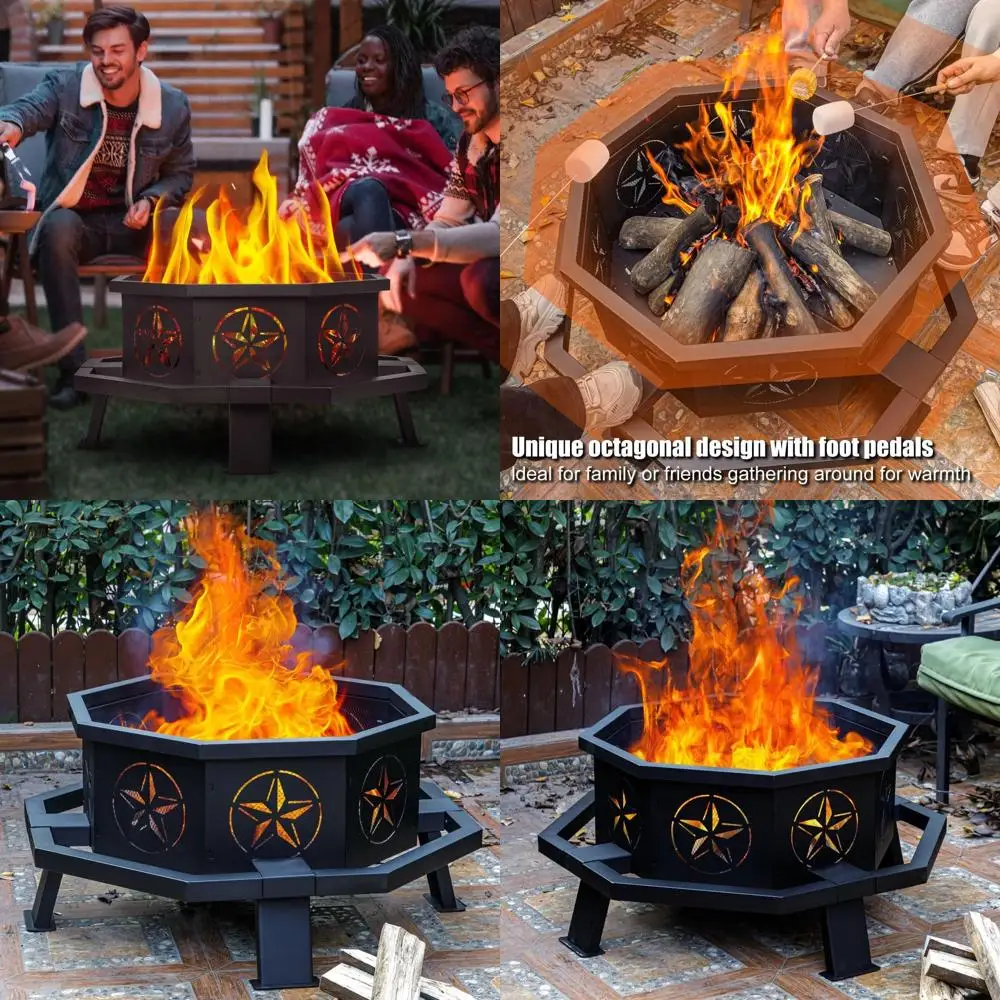 

35 Octagonal Outdoor Wood-Burning Fire Pit for Backyard, Patio, and Garden Bonfires