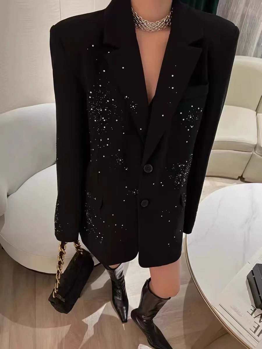 2024 Autumn Suit Coat Fashion Rhinestone Diamonds Black Suit Jacket Women\'s Shinning Blazer Coats Outwear Office Lady G623