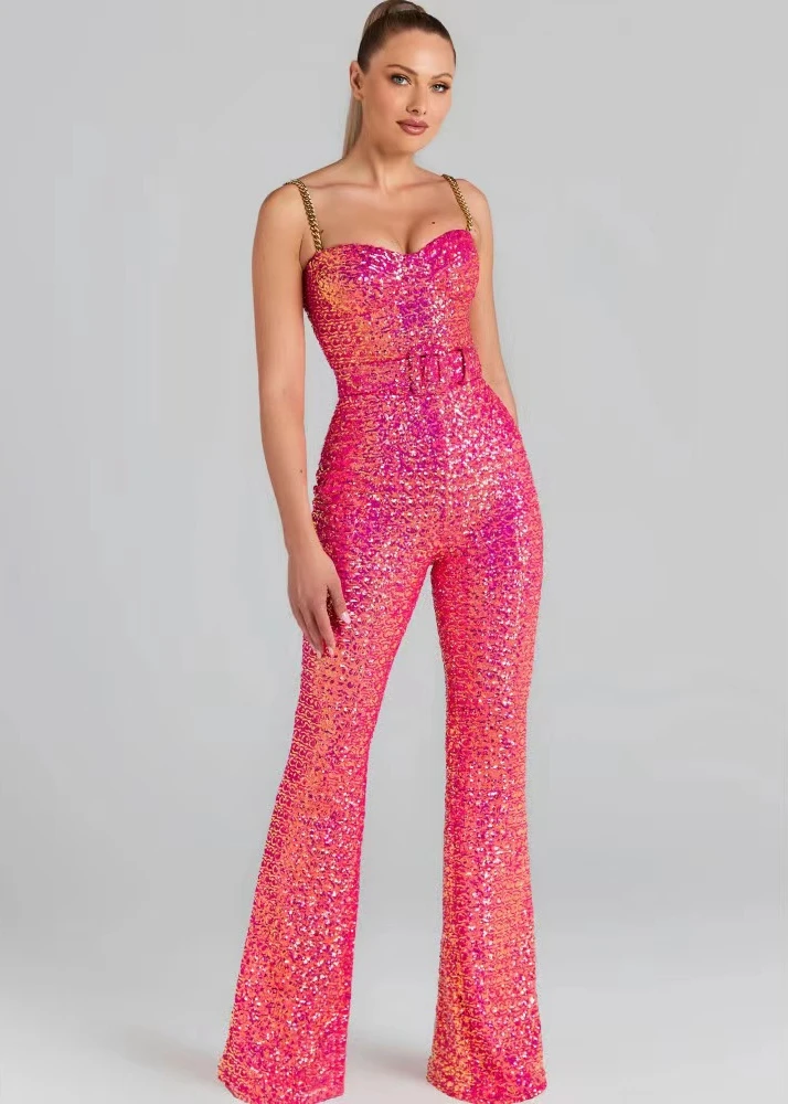 Vc Frauen Overalls Luxus Gold Pailletten Design Geburtstags feier Clubwear ärmellose Spaghetti träger Overalls mit Gürtel