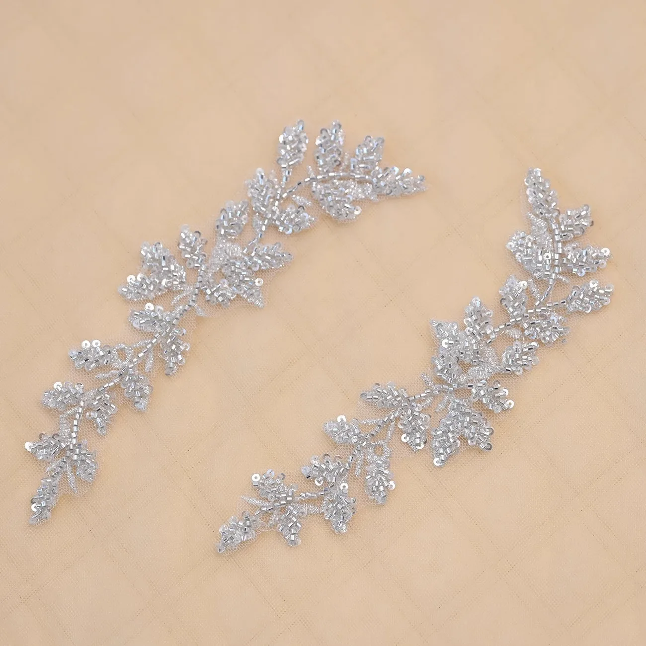 1 Pair Silver Bridal Beaded Lace Patch Applique  Silver thread for Jeans Headpieces DIY Accessories Sew on Shoes Patches