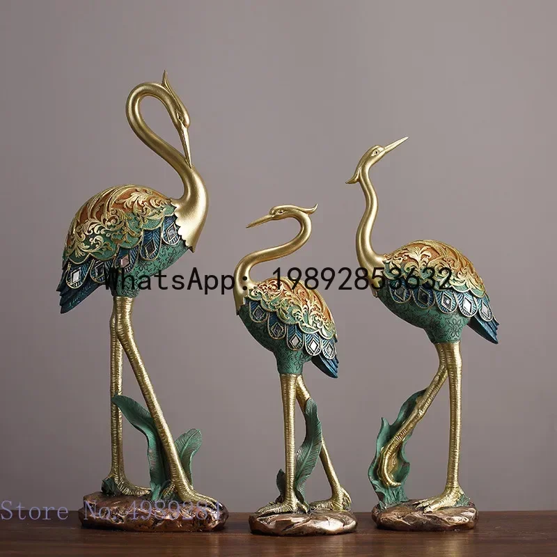 

16wwA1 Resin animal sculpture Painted Crane bird Simulation animal statue crafts ornaments Golden relief Handmade Home Decoratio