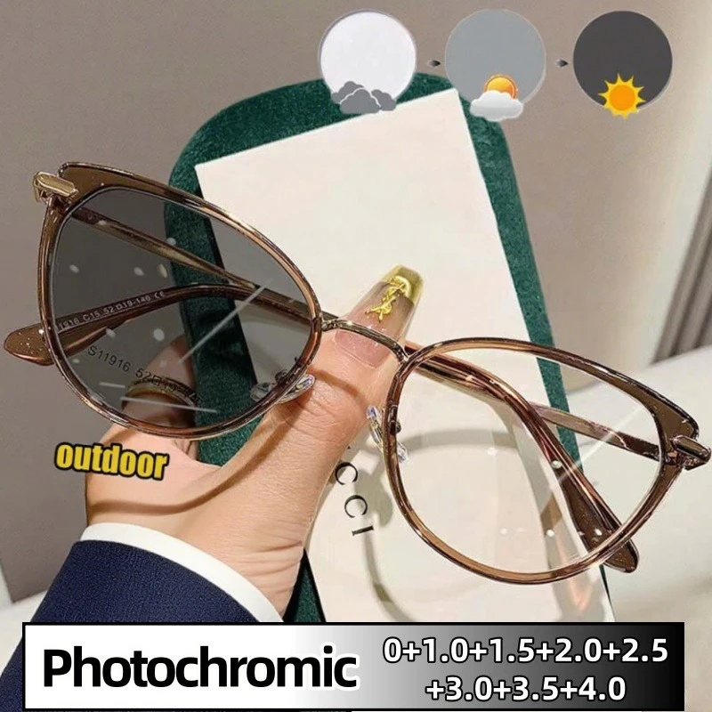 

Simplicity Retro Cat Eye Photochromic Reading Glasses Fashionable Unisex Anti-Blue Light Far Sight Eyeglasses 0 To +4.0