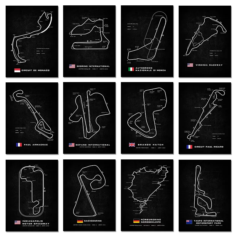 Modern World Racing Circuits Poster Prints Nurburgring Sarthe Nordschleife Canvas Painting Wall Art Picture Room Garage Decor