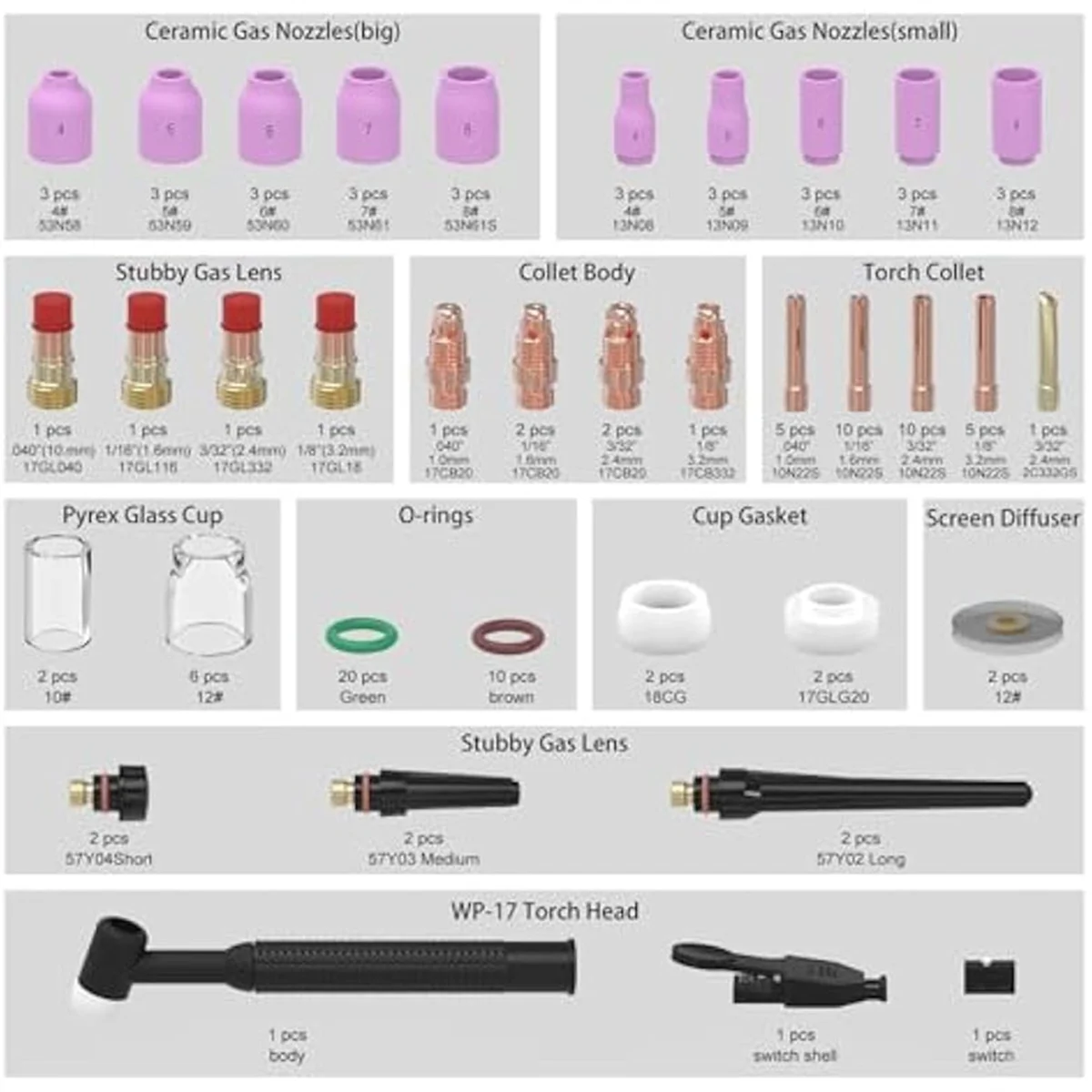 A002 123 قطعة طقم شعلة لحام TIG-فوهة، كوليت، عدسة غاز قصيرة 12 كوب زجاجي مقاوم للحرارة، مستهلكات لـ -17/18/26
