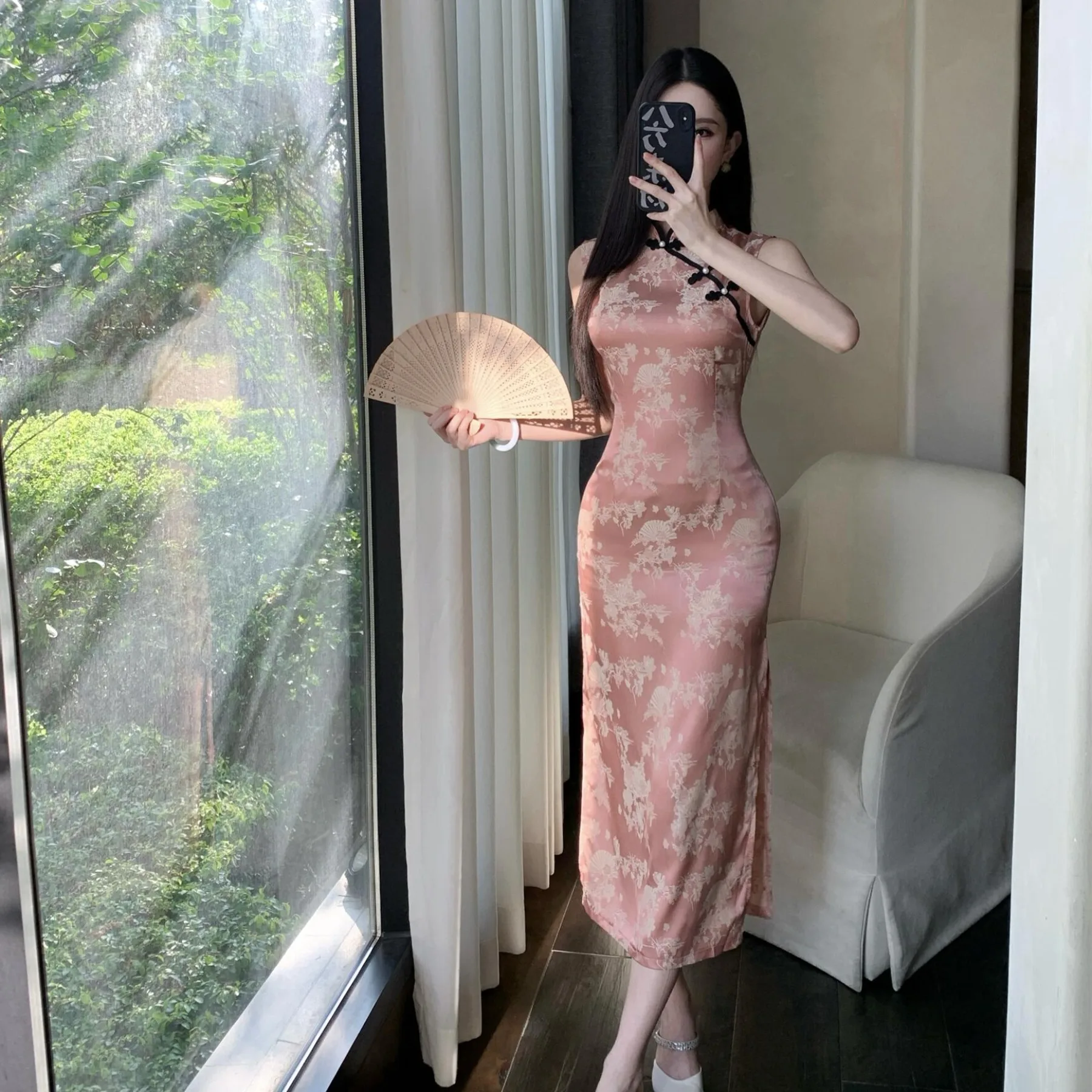 جديد الصينية Sle سليم صالح مثير Svel الأزهار التطريز الحرير الدكتور عالية الخصر منتصف طول ألف خط صورة ظلية للنساء #5