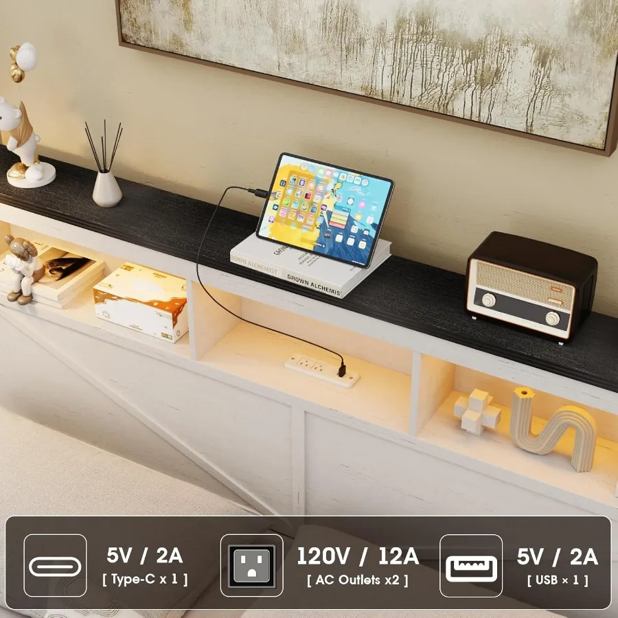 إطار سرير كامل الحجم للمزرعة مع 48 لوح رأسي للتخزين طويل القامة، منصة خشبية لغرفة النوم، إطار سرير بدون صندوق زنبركي، 4 أدراج تخزين