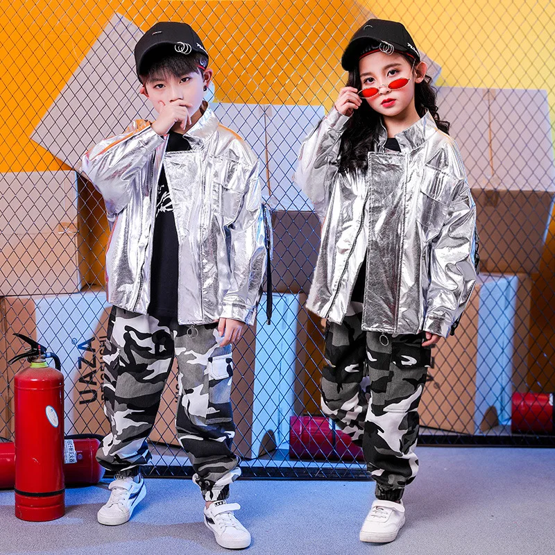 New Boys Hip Hop Costume Silver Coat Camouflage Pants Girls Jazz Performance Clothes Street Dance Outfits Stage Wear BL11472