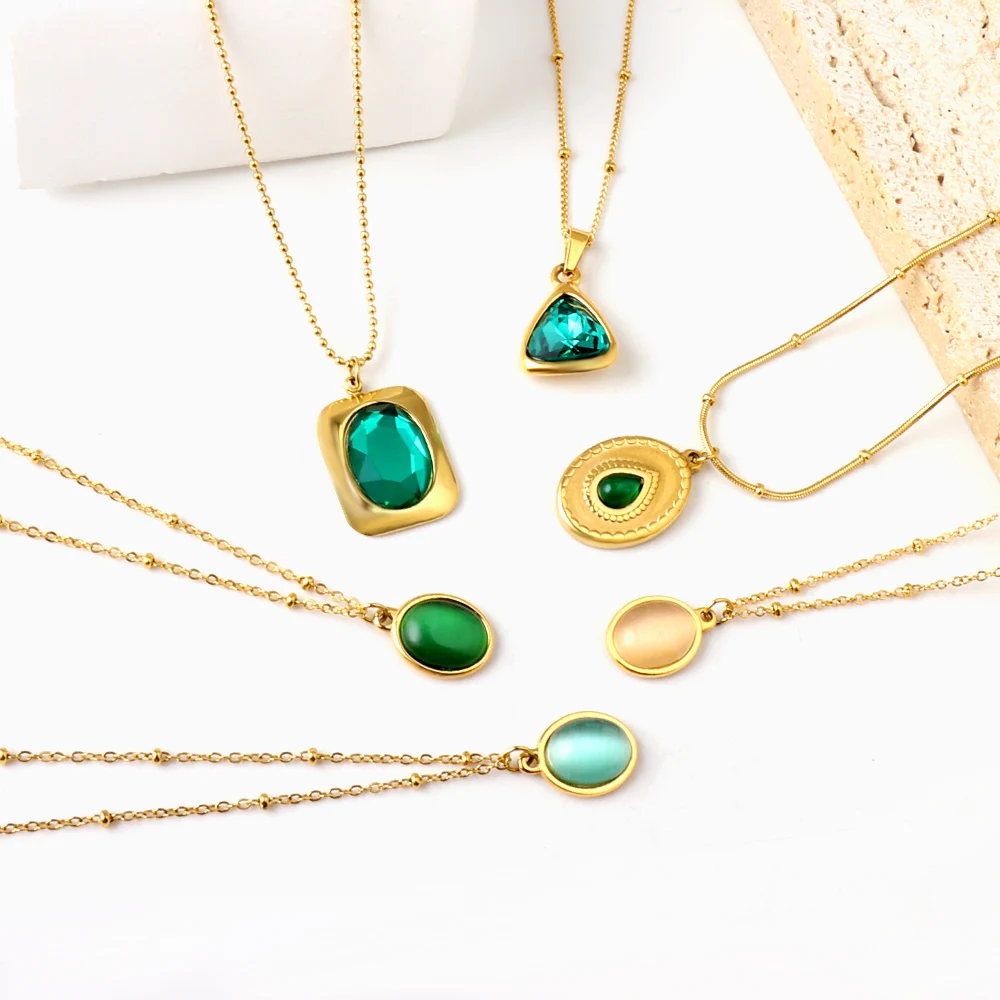 ASON Trendy Necklaces For Women Girls Round Oval Green CZ Pendant Stainless Steel Link Chain Geometry Fashion Jewelry Choker