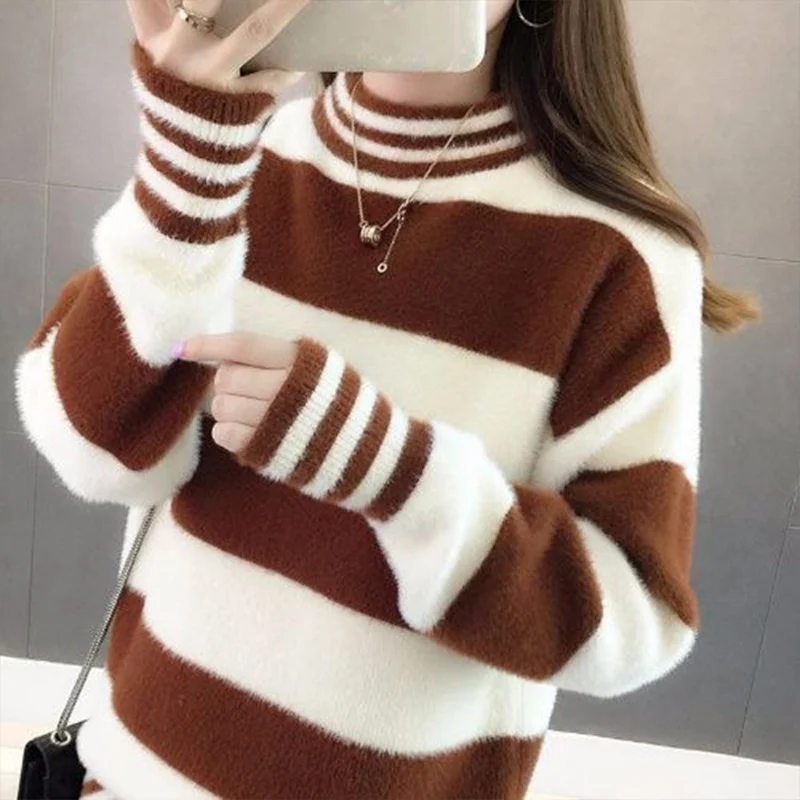 

Autumn Winter Imitation Mink Velvet Half High Collar Insulation Pullover Sweater for Women Trendy Korean Loose Commuting Top