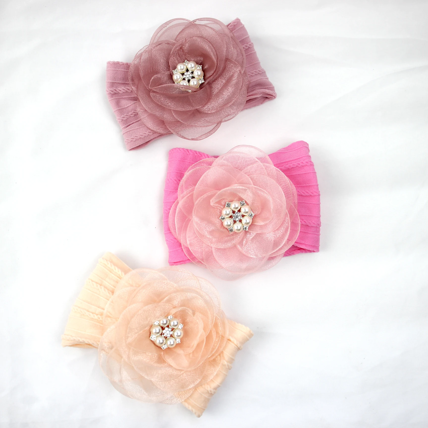 Boutique Stone Chiffon Flower Wide Cable Printed Nylon Turban Headband Baby Newborn Soft Headband Baby Girls Diamond Headwraps