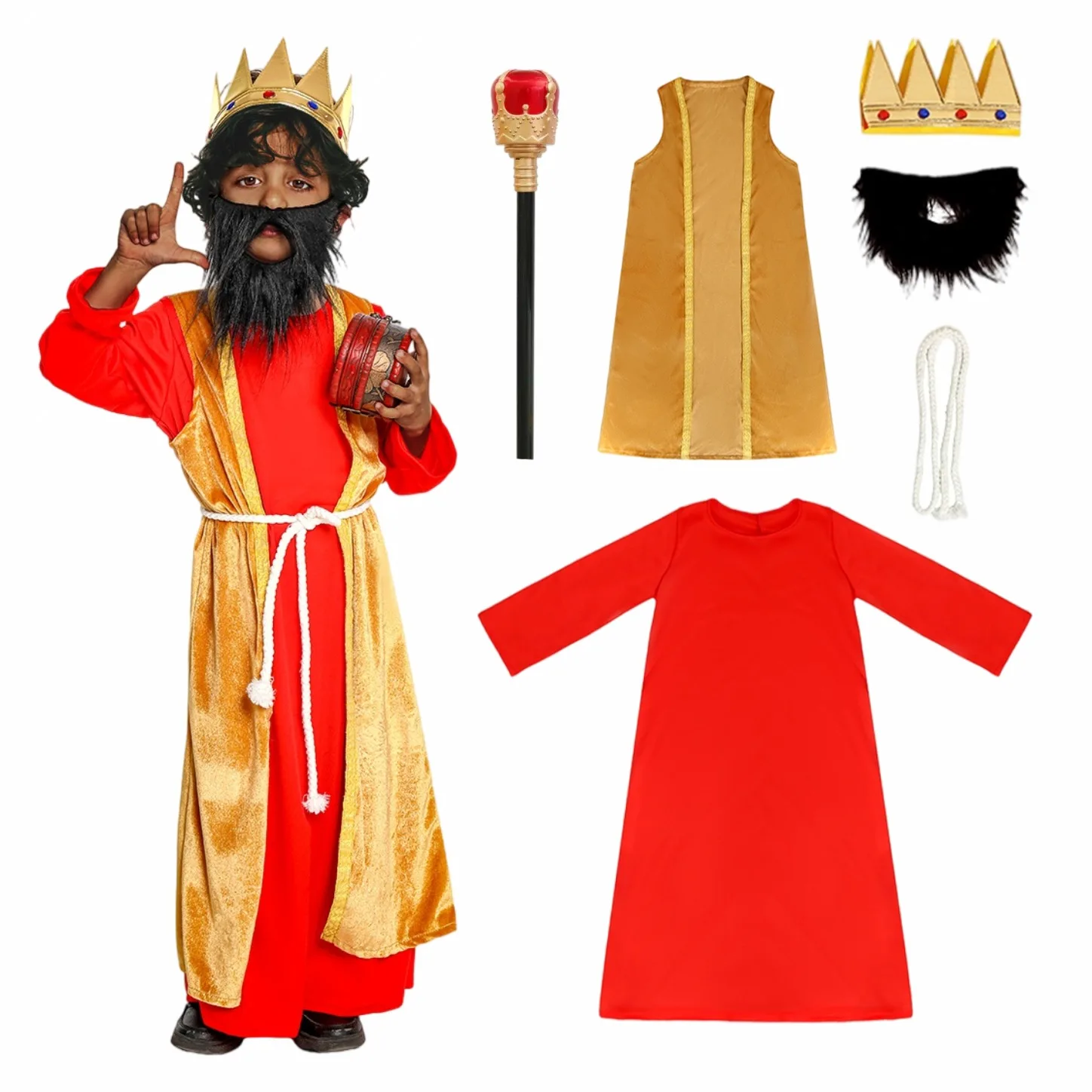 Kids Boys Medieval Kings Role Play Crown Coat Dress Beard Scepter Sets Children Outfit Halloween Cosplay Costumes