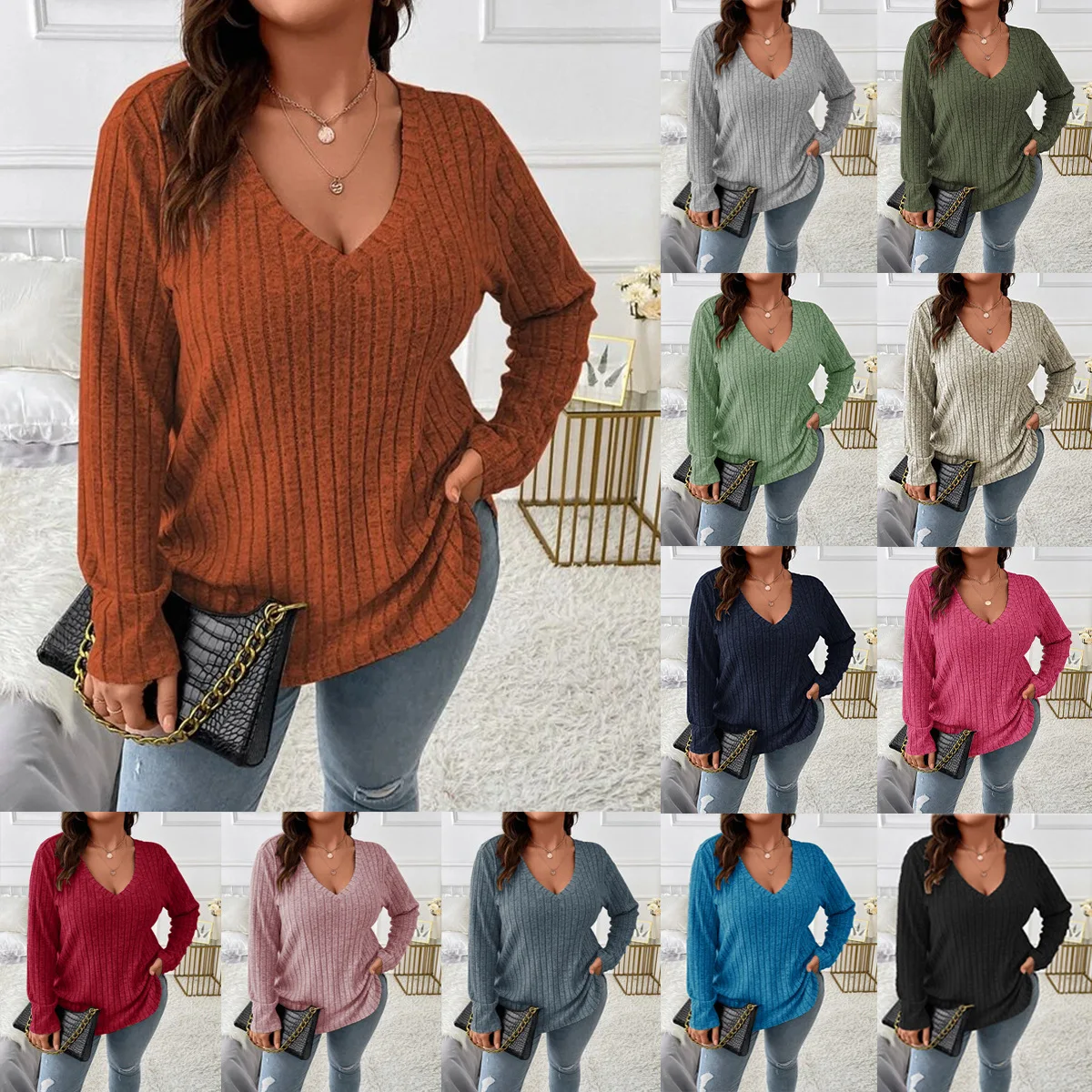 plus size autumn and winter new solid color large size women\'s top V neck long sleeve pit strip polished T-shirt loose pullover