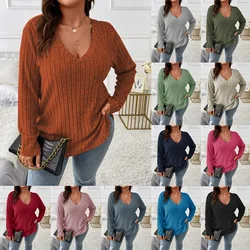 plus size autumn and winter new solid color large size women's top V neck long sleeve pit strip polished T-shirt loose pullover