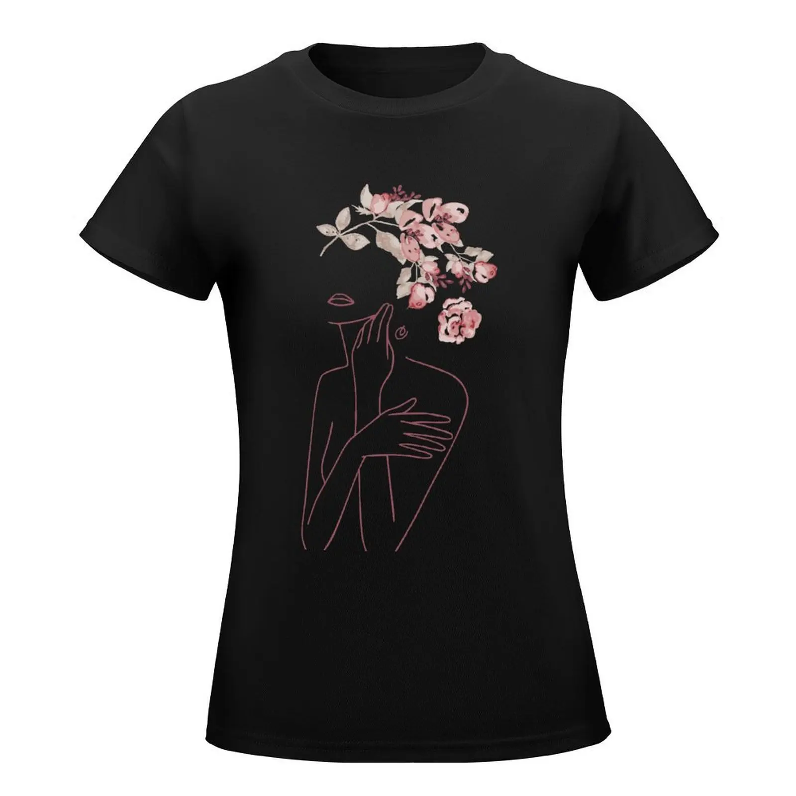 Minimal Line Art Drawing Woman With Roses Flowers III T-Shirt tops sweat plain tees oversized t shirts for Women