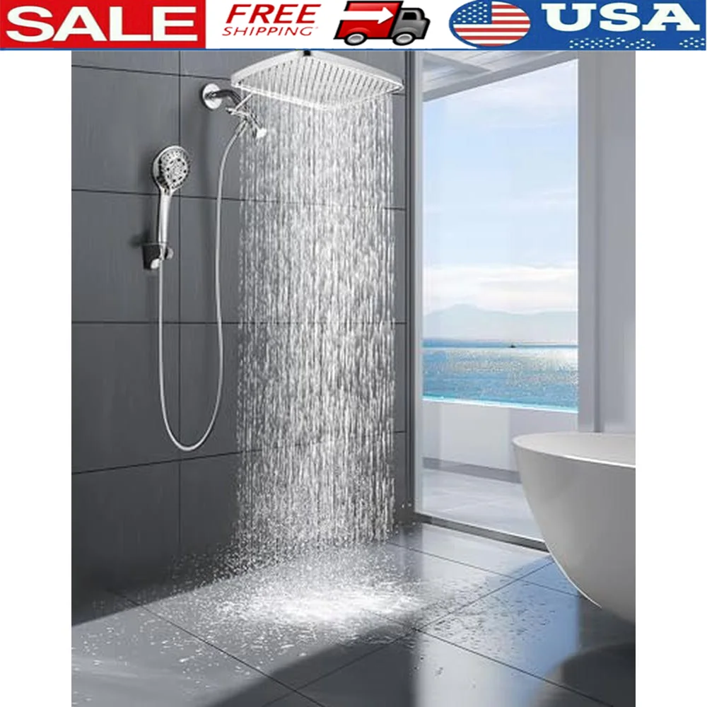 Adjustable dual shower head combo with 8 spray modes 12'' Rain Shower Head Handheld Spray Anti-Clog Stainless Steel Easy Install