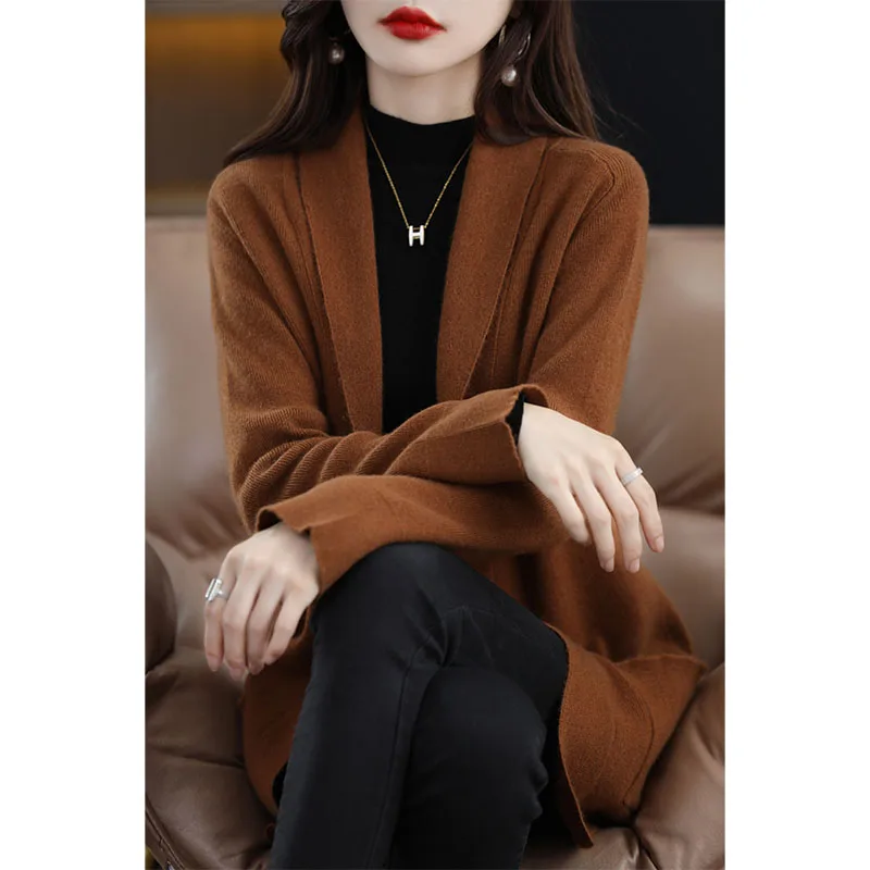 2021 Spring Winter/ Autumn New Fashion 100% Wool Cardigan Women\'s Long Sleeve Knitted Jacket Coat Cashmere Sweater Standard