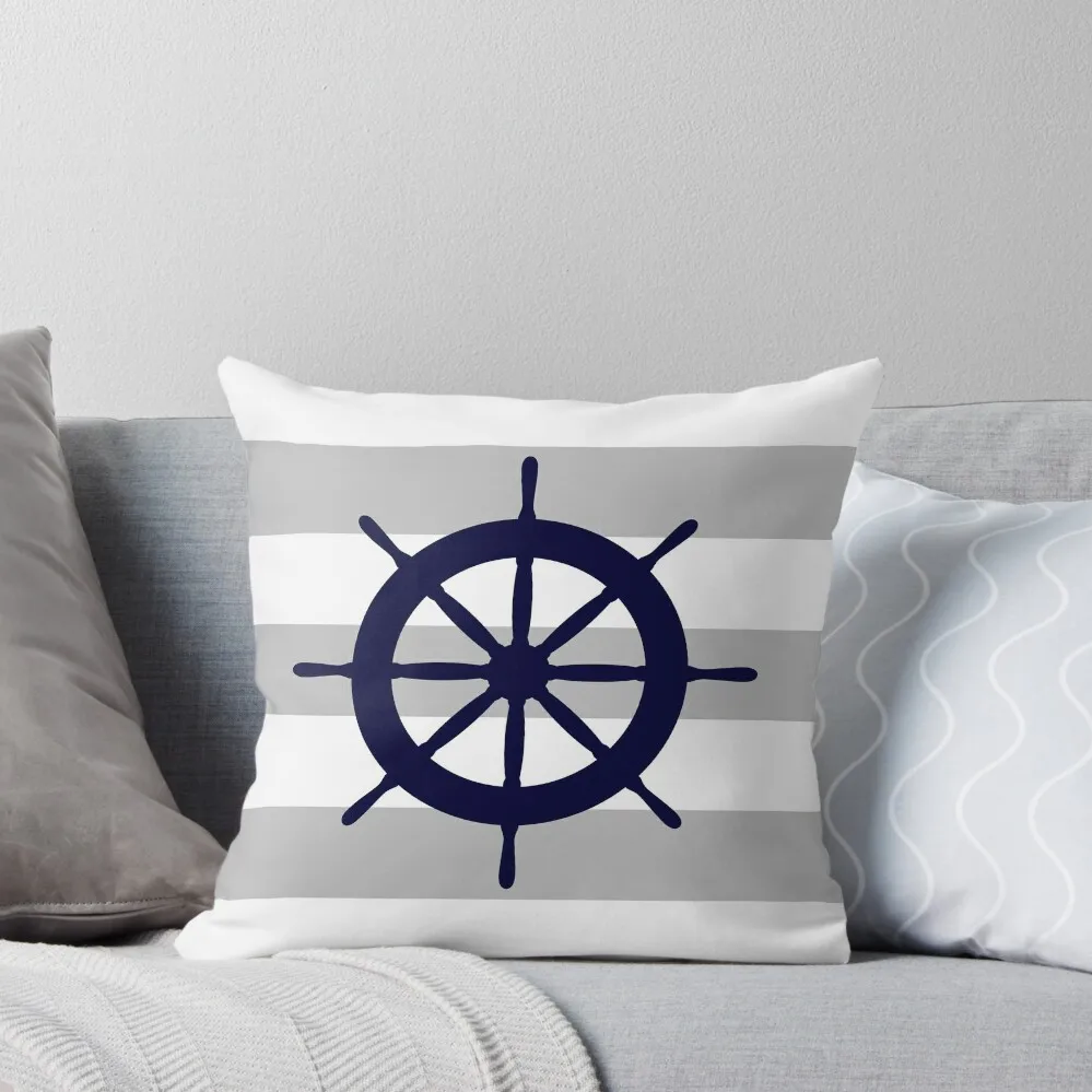 

Nautical Navy Blue Ship's Steering Wheel On Silver Gray Stripes Throw Pillow Pillowcases For Pillows Decorative Cushions pillow