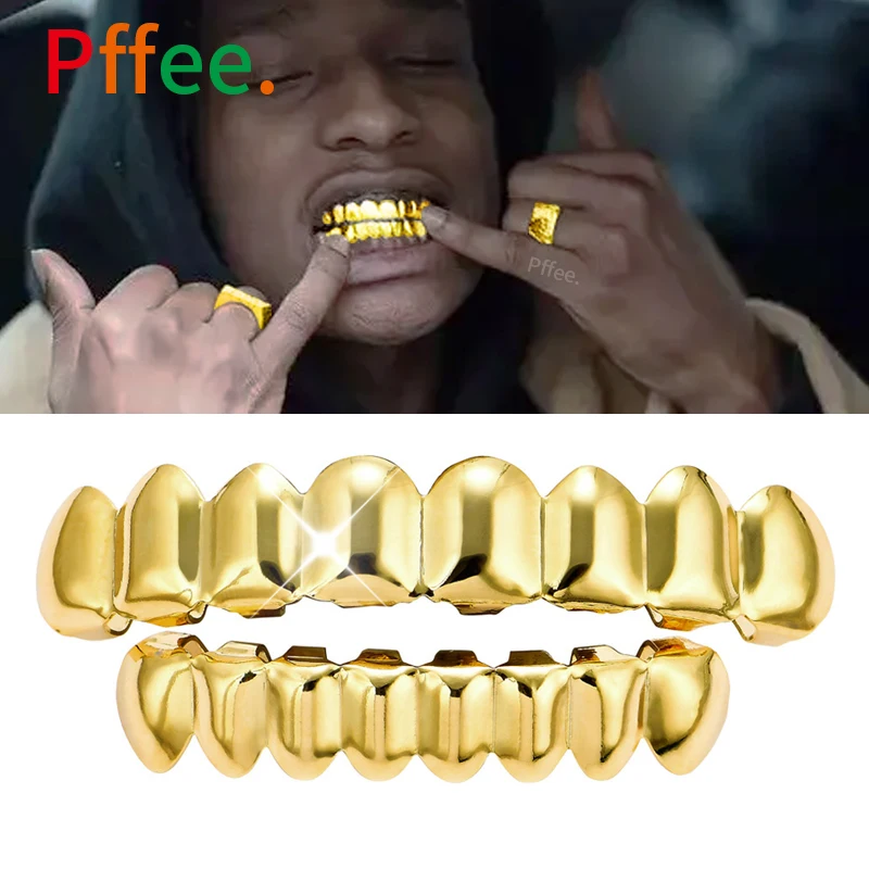 Pffee Silver 14K Gold Plated Teeth Grillz Y2K Body Jewelry Rapper Hip Hop Shackle Tooth Grills For Men Women