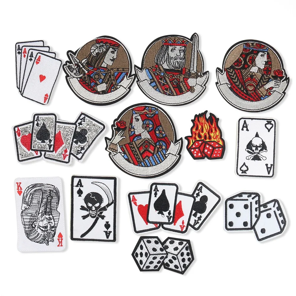 Poker Cards Embroidery Iron on Patches for Clothing Skull Spade A Card Thermo Adhesive Stickers King Queen Figure Dice Appliques