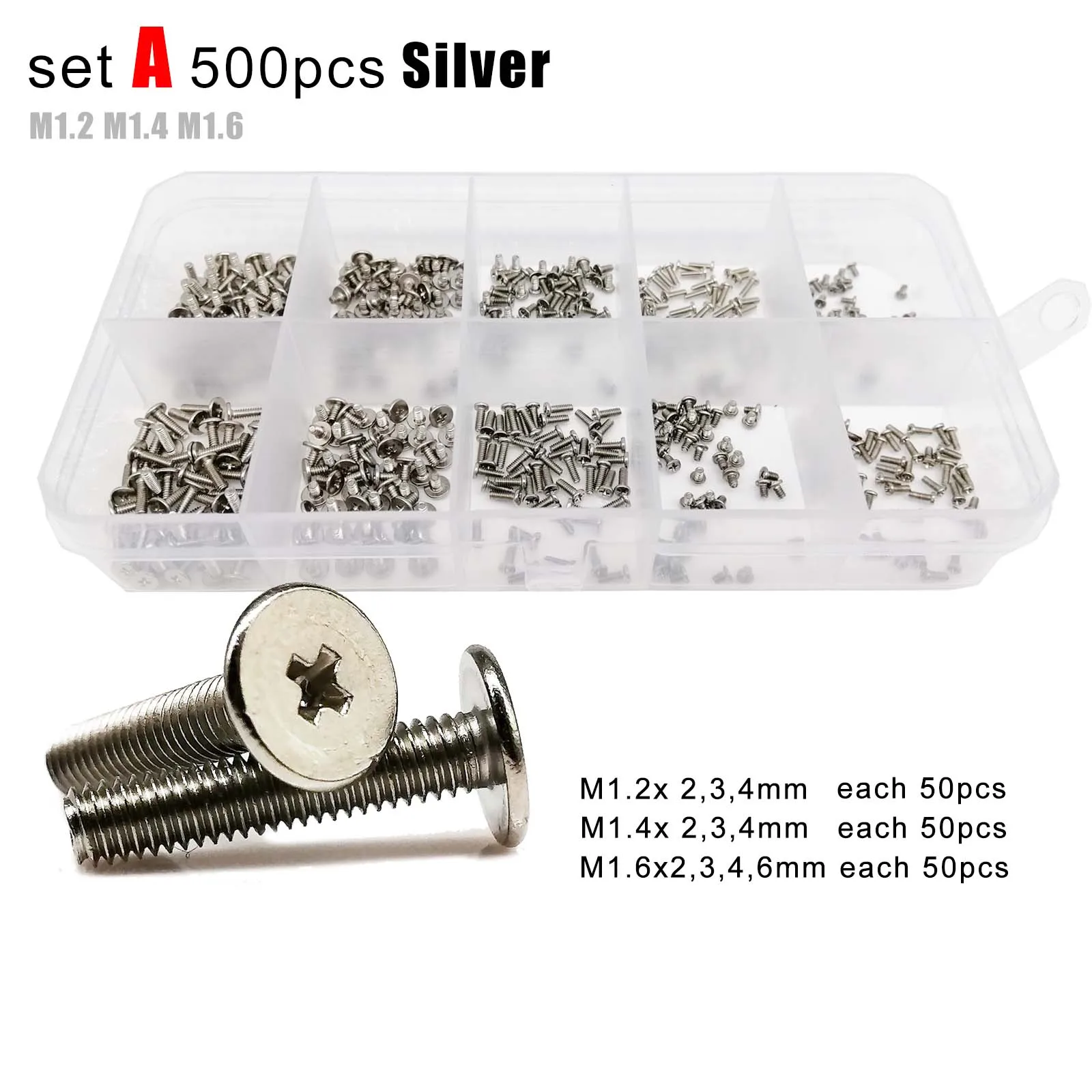 500/750pcs Phillips Thin Wafer Flat Head Screw Bolt for Laptop Phone Glasses Assortment Kit Set M1.2 M1.4 M1.6 M2 M3 Mini Micro