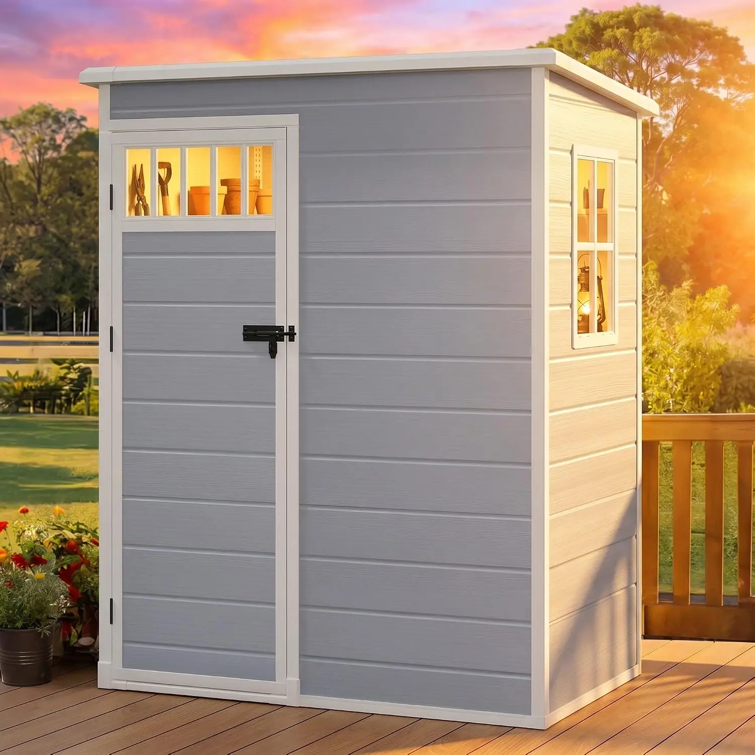 Outdoor Storage Shed All-Weather Resin with Windows Slanted Roof Raised Floor for Garden Tools Backyard 5X3FT Gray, Customized