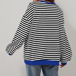 Women's Oversized Striped Color Blocking Long Sleeved Round Neck Sports Shirt Casual Loose fashion 2024 women's clothing