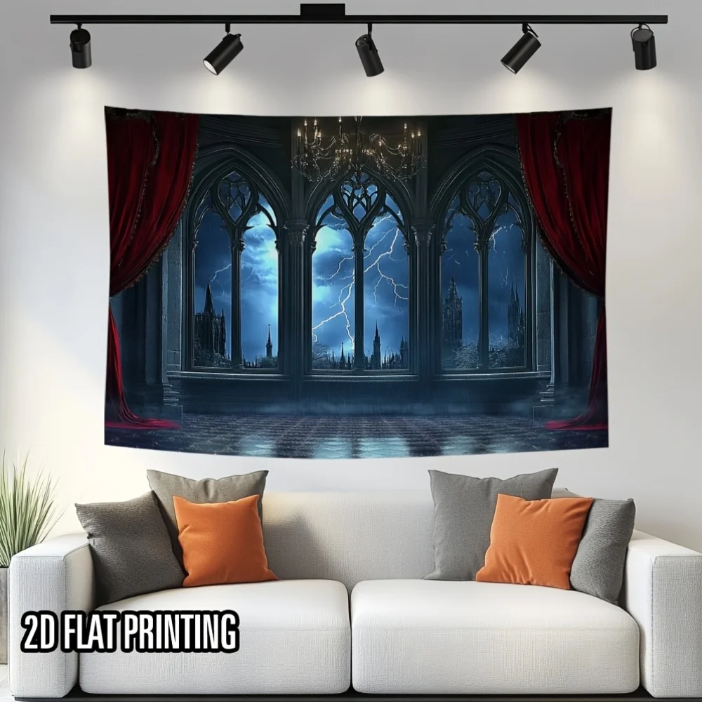VIKAMA Gothic Castle Window Tapestry Lightning Night View Wall Hanging for Spooky Halloween Room Decor Wall Hanging Tapestry