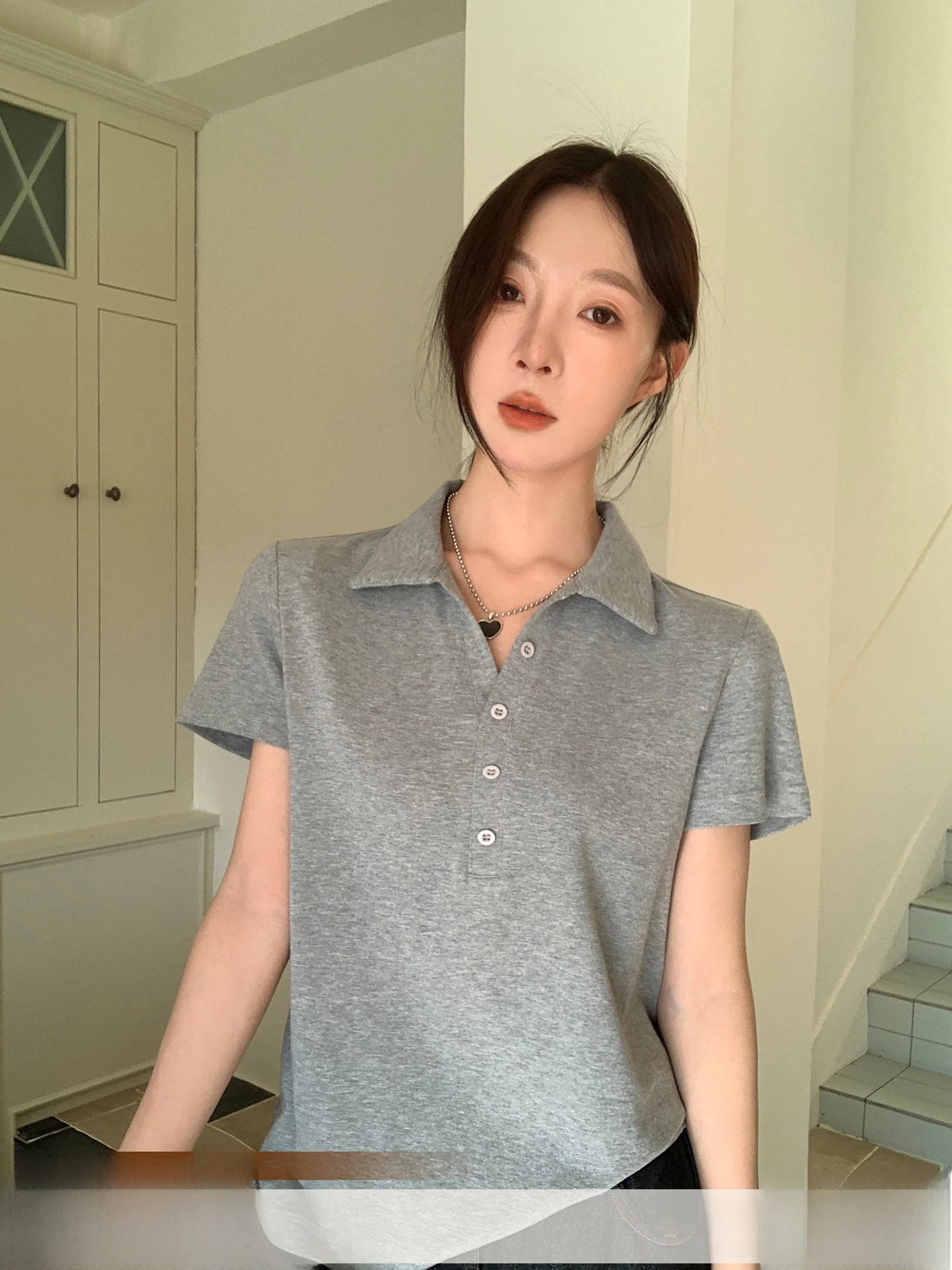 

Simple irt ort Sve Turn-down Collar oulder Level Top Women's Summer Commuting Casual Sle Fitted Waist Design