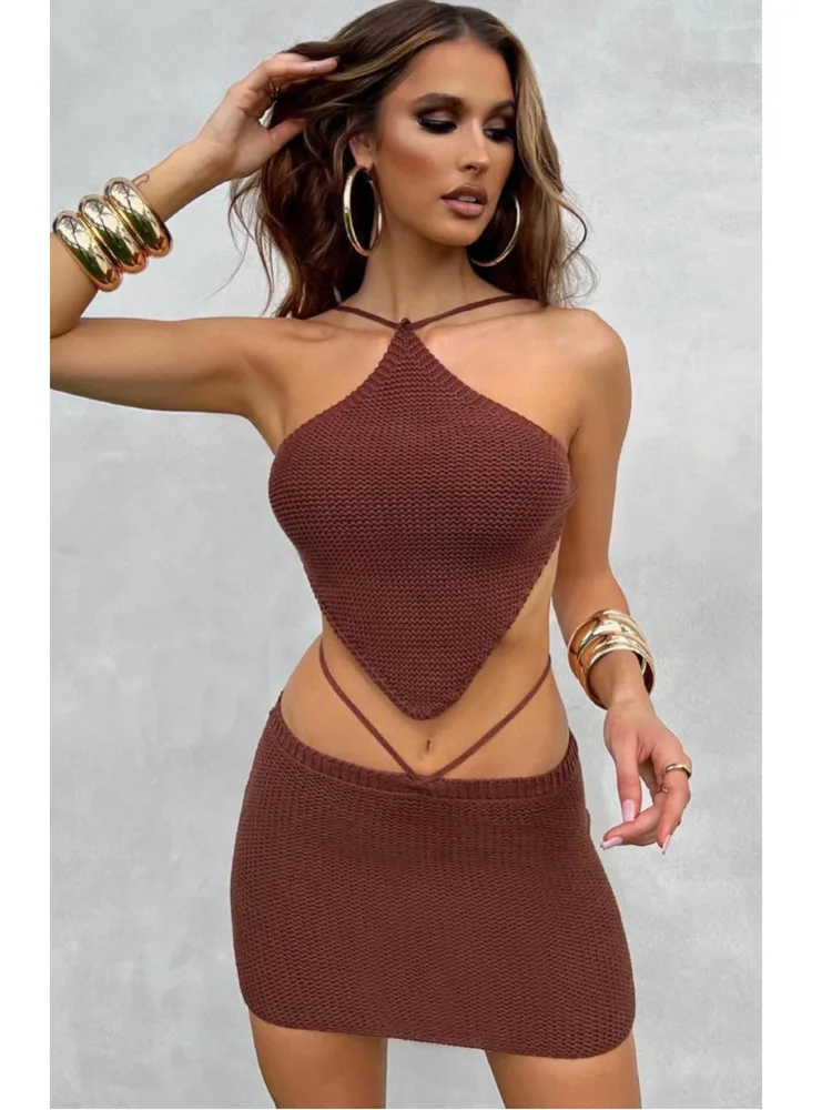 Articat Sexy Knitted Women Two Piece Set Hanging Collar Backless Vest CropTop Slim Fit Mini Skirt Set Charming Beach Party Suit