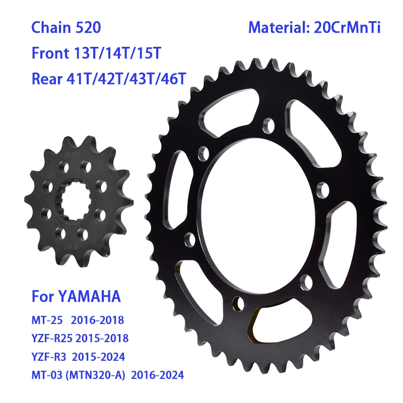 

520-13T/14T/15T 41T/42T/43T/46T Motor Sprocket For YAMAHA YZFR3 MT03 2015-2024 MT25 YZFR25 2015-2018 YZF R3/R25 MNT 320 MT 03/25