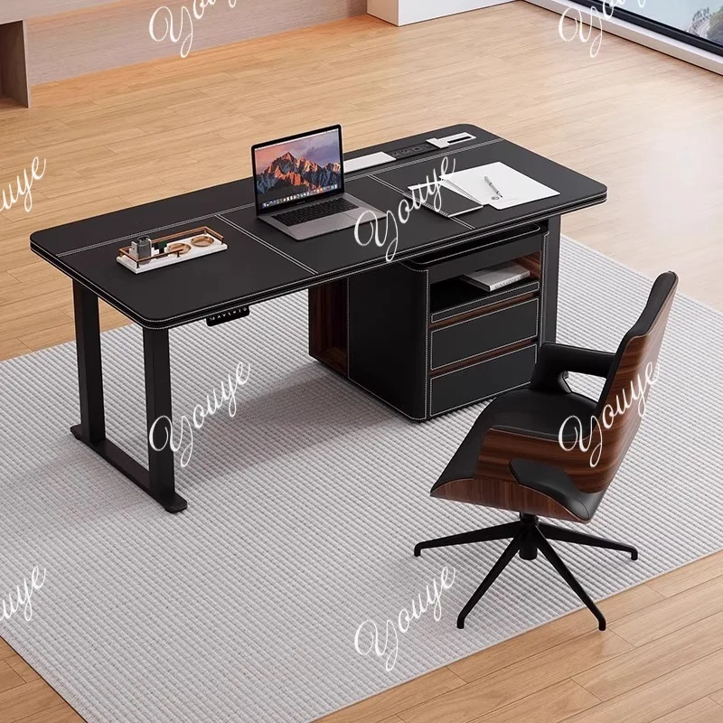 Minimalist high-end saddle leather desk intelligent electric lifting table light luxury modern corner office workbench