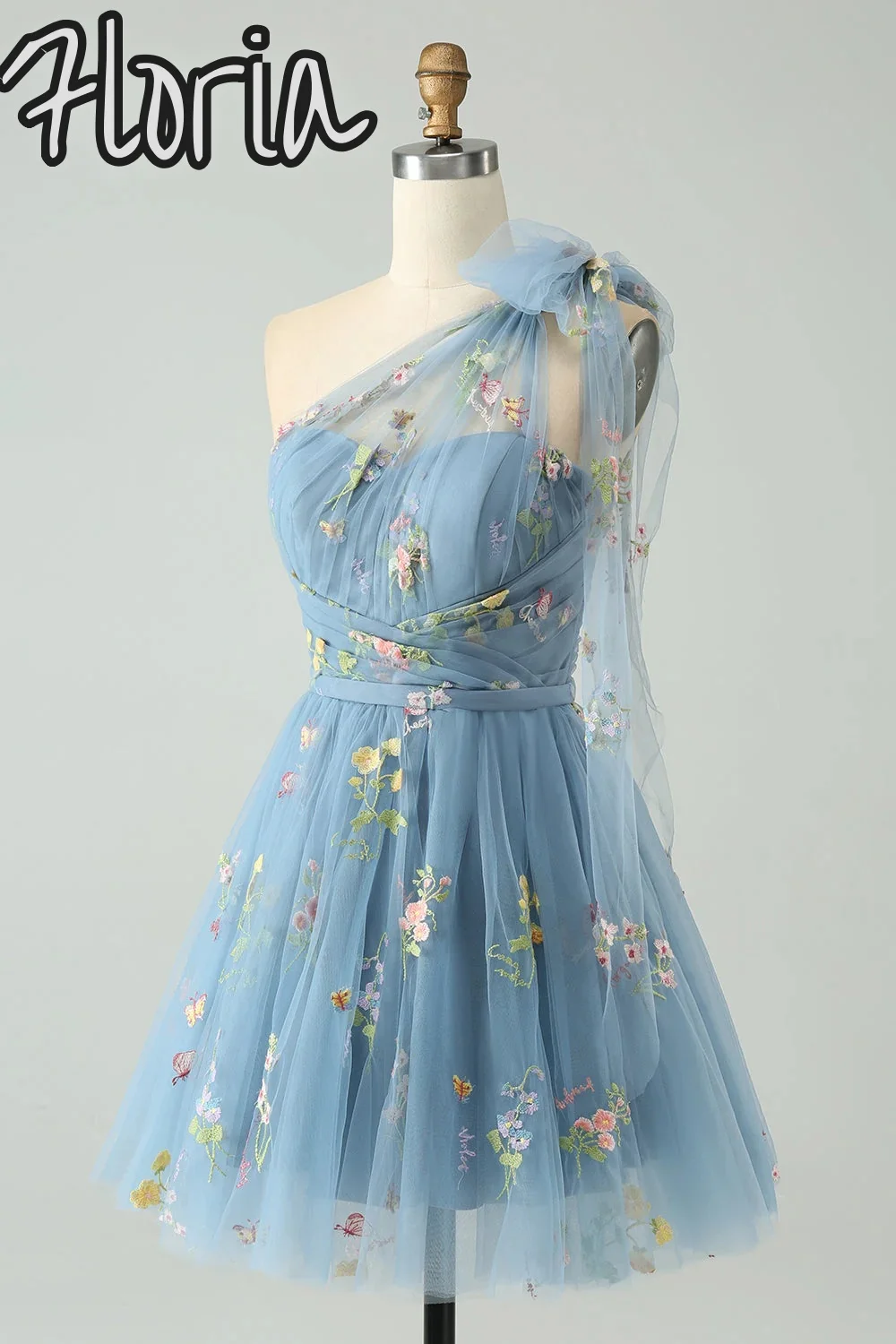 

Grey Blue A Line One Shoulder Tulle Short Graduation Dress with Floral Embroidery 2024 Birthday Party Dress Homecoming Dress