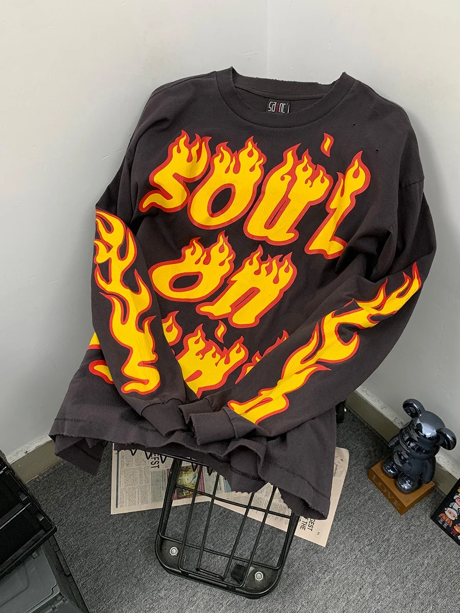 Heavyweight Soul on Fire T-Shirt Long Sleeve Washed Vintage Flame Letter Print Ripped Cracked Cotton Crew Neck for Men And Women
