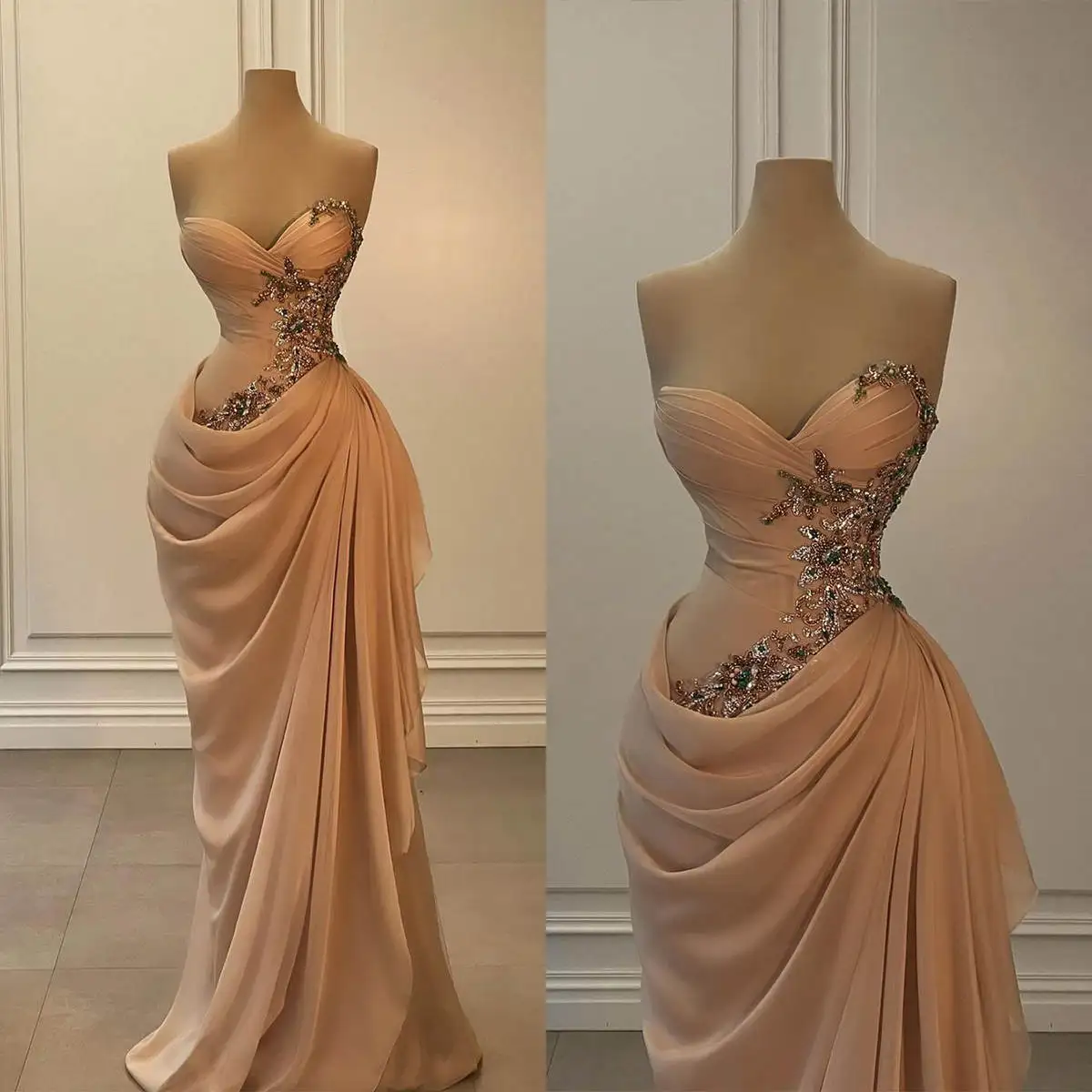 Simple Evening Gowns Strapless Prom Dress Sleeveless Beaded Rhinestone Party Dresses for Women Custom Made Vestidos de noche