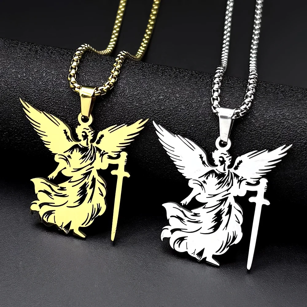 Hollow Archangel Saint Michael Protect Us Pendant Necklace for Women Men Stainless Steel Christian Chain Amulet Jewelry Gift
