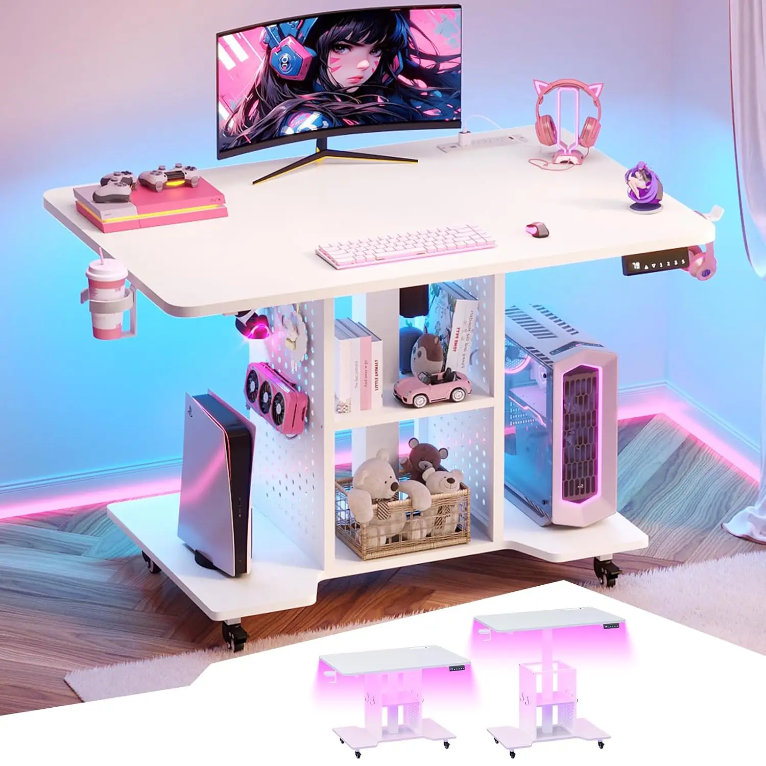 Small Electric Adjustable Gaming Desk with Outlet, Pegboard, Shelves & RGB LED, 31.5