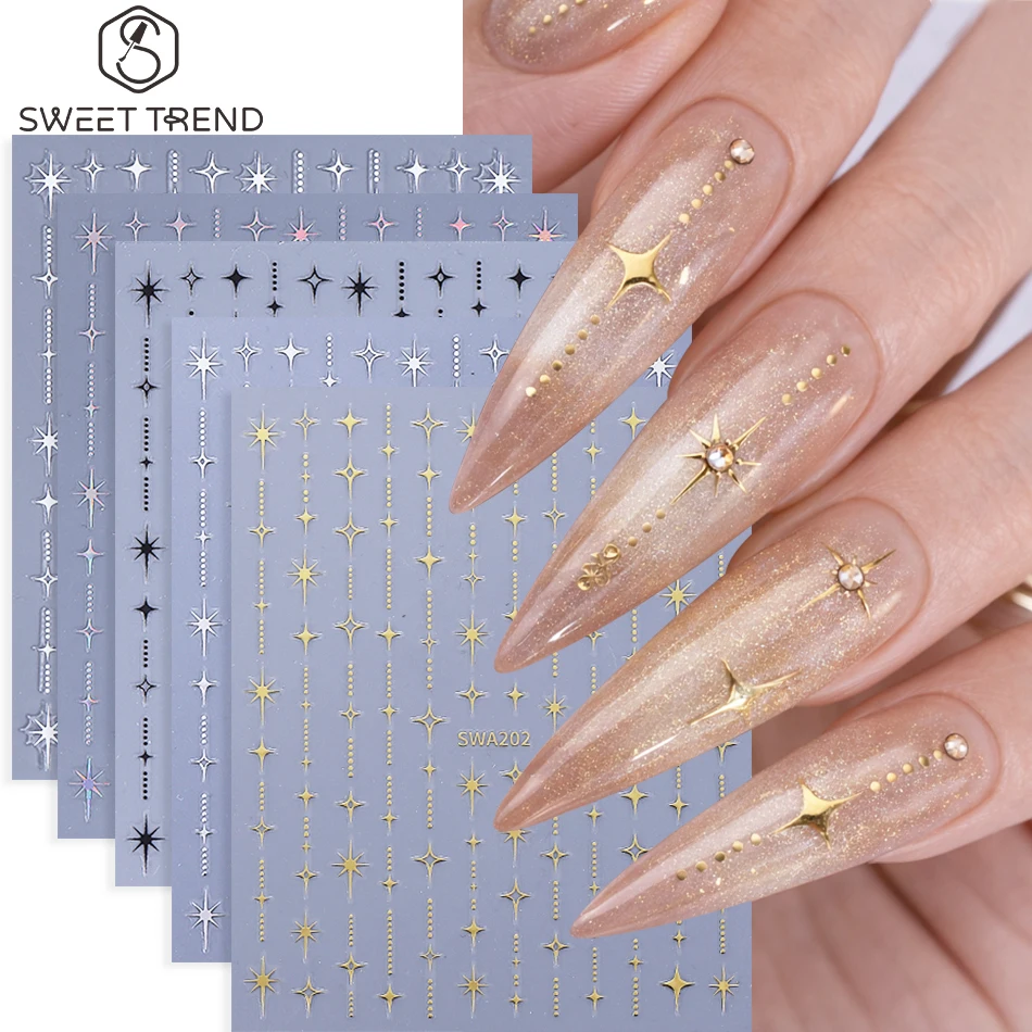 5 Stück Metall-Laser-Stern-Nagelaufkleber Selbstklebende Schwarze Weiße Gold Silber Stern-Nagelsticker für Frauen DIY Kunst Deko Zubehör