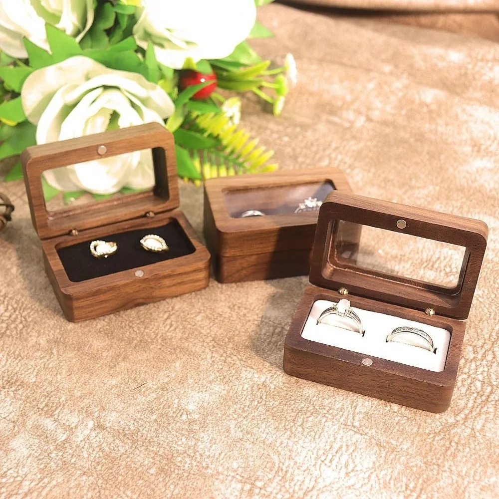 High-quality Wooden Jewelry Box Rectangular Opening Window Lover Ring Display Box Retro Ring Storage Box Engagement