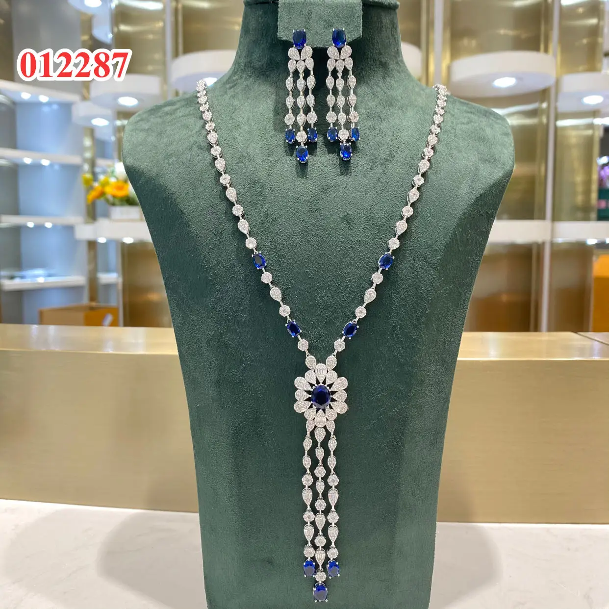012287  Women Jewelry Set Cubic Zirconia Long Necklace Set Dubai Bridal Jewelry Fashion Pendent Jewellery Set Wedding Party Gift