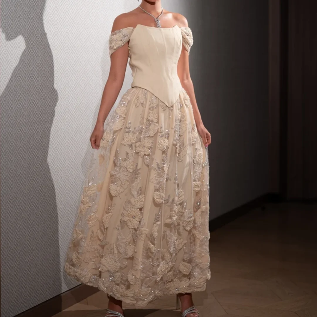 فستان سهرة بسيط قبالة الكتف من الجيرسيه بدون أكمام على شكل حرف A مزين للحفلات بطول الكاحل بدون ظهر فستان حفلات مخصص #1