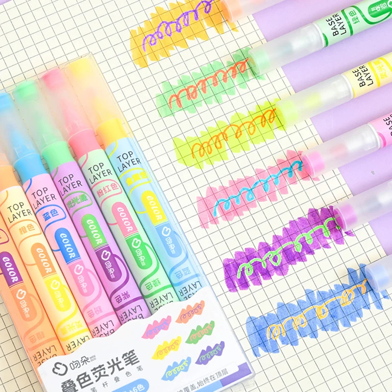 

6Pcs/Box Highlighter Pen Set Double Headed Kawaii Fluorescence Colour School Supplies Marker Stationery