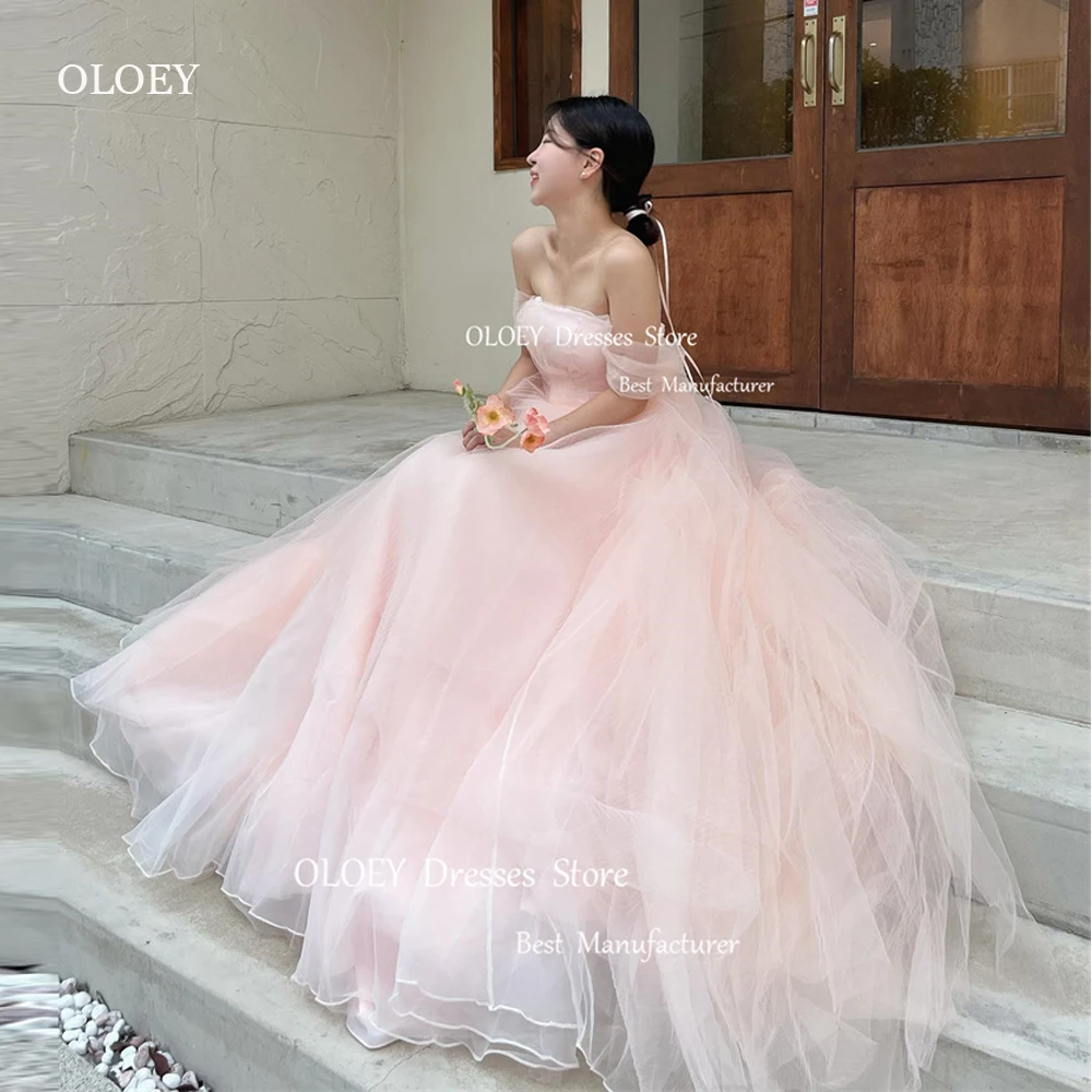 OLOEY-Robes de mariée princesse en tulle rose, robes de mariée A-ligne, sans bretelles, longueur au sol, soirée de jardin, quelle que soit la fête formelle, séance photo coréenne