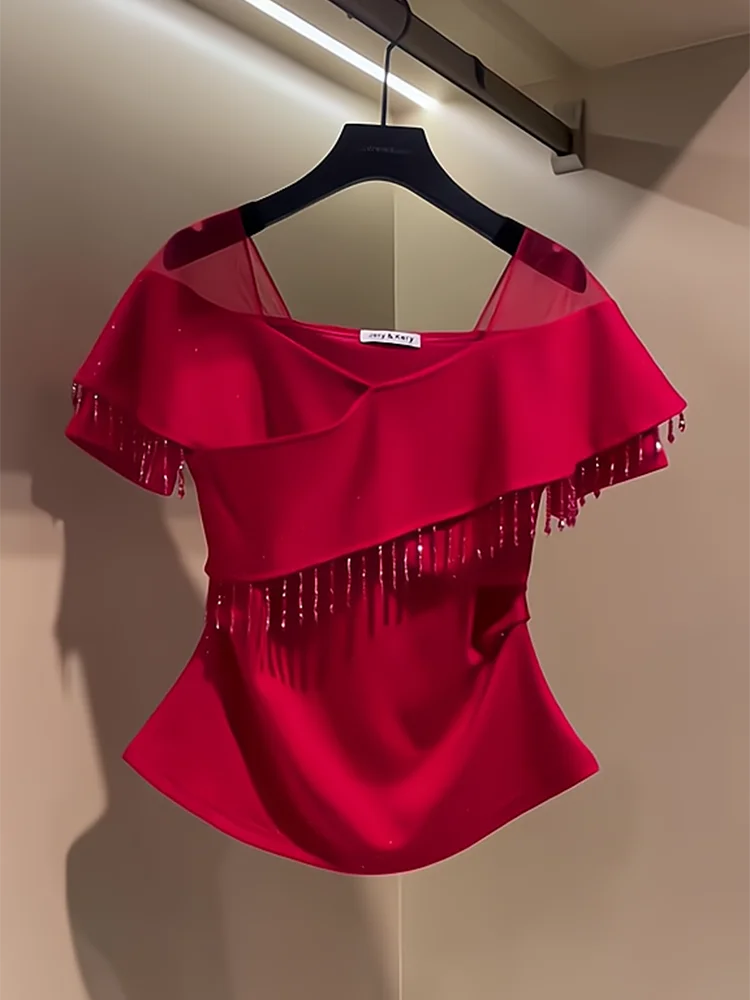 

Новая женская футболка Ele Red с коротким рукавом, приталенная, с плиссировкой на талии, летний топ в корейском стиле для повседневной носки