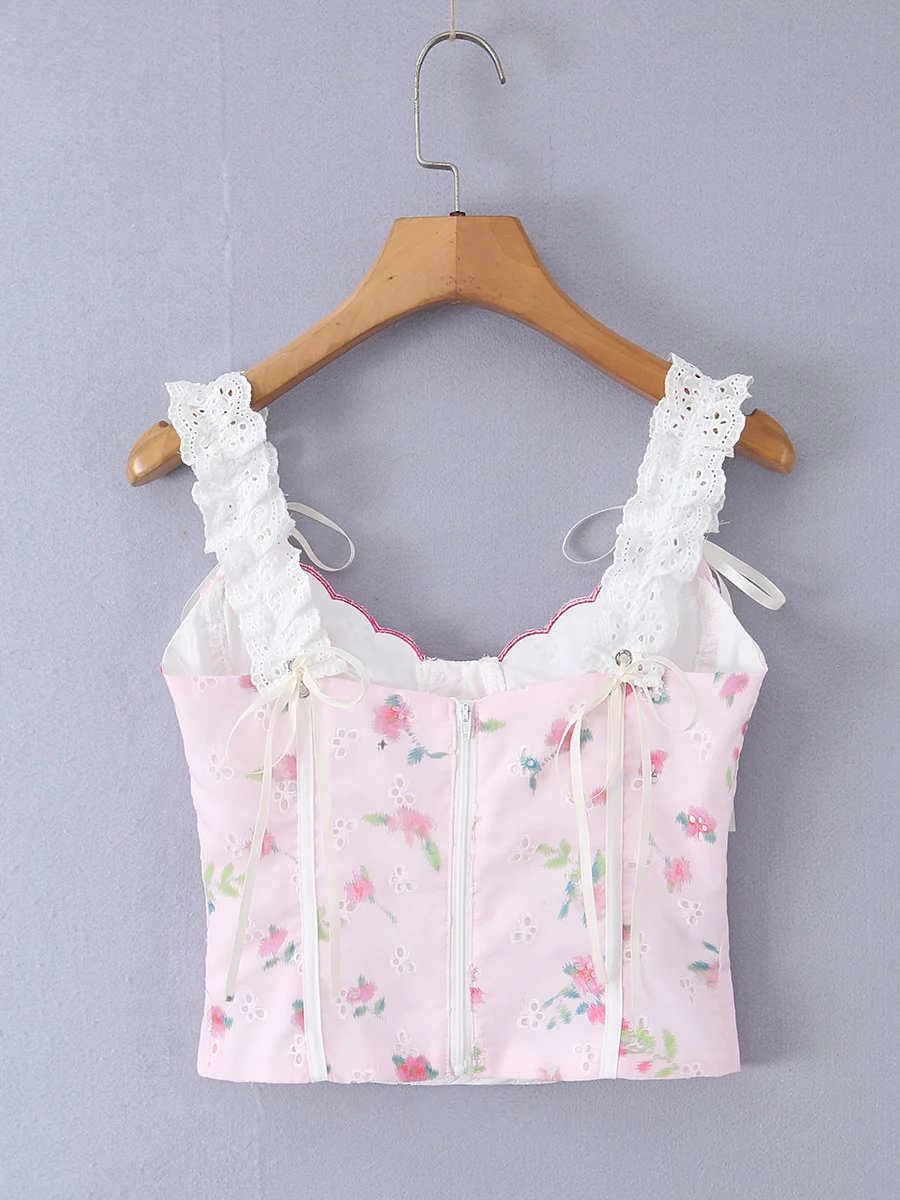 Sweet Style Embroidered Lace Trim Pink Floral Print Strap Vest Slim Fit  Knot Top Women's Fashion Polyester Fiber