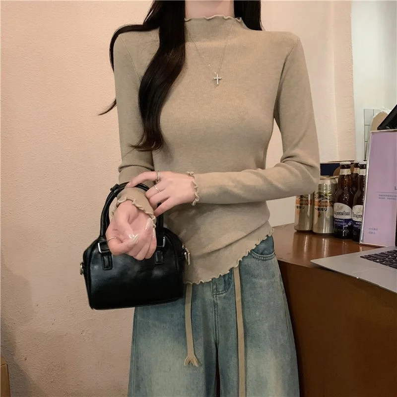 

Women's Knitted Fleece Lined Thickened Long Sleeve Base Shirt Autumn Winter Fashionable Casual Style Slim Fit Inner Wear Sweater